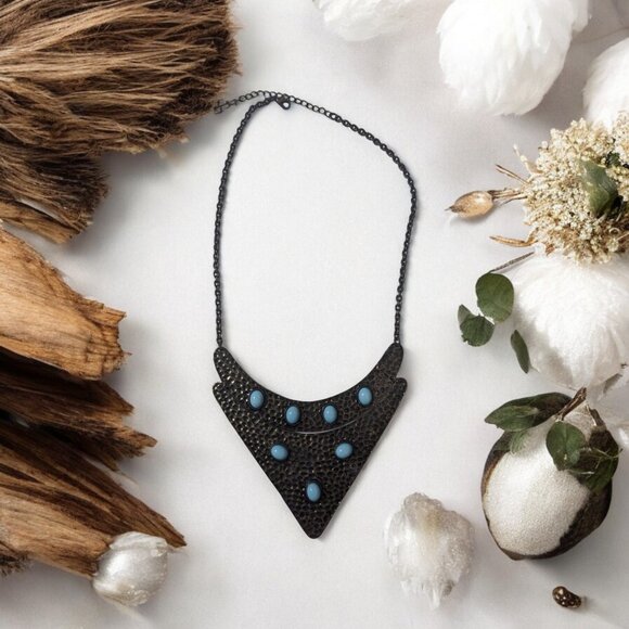 Tribal-Inspired Hammered Metal Necklace with Blue Accents - Picture 1 of 3